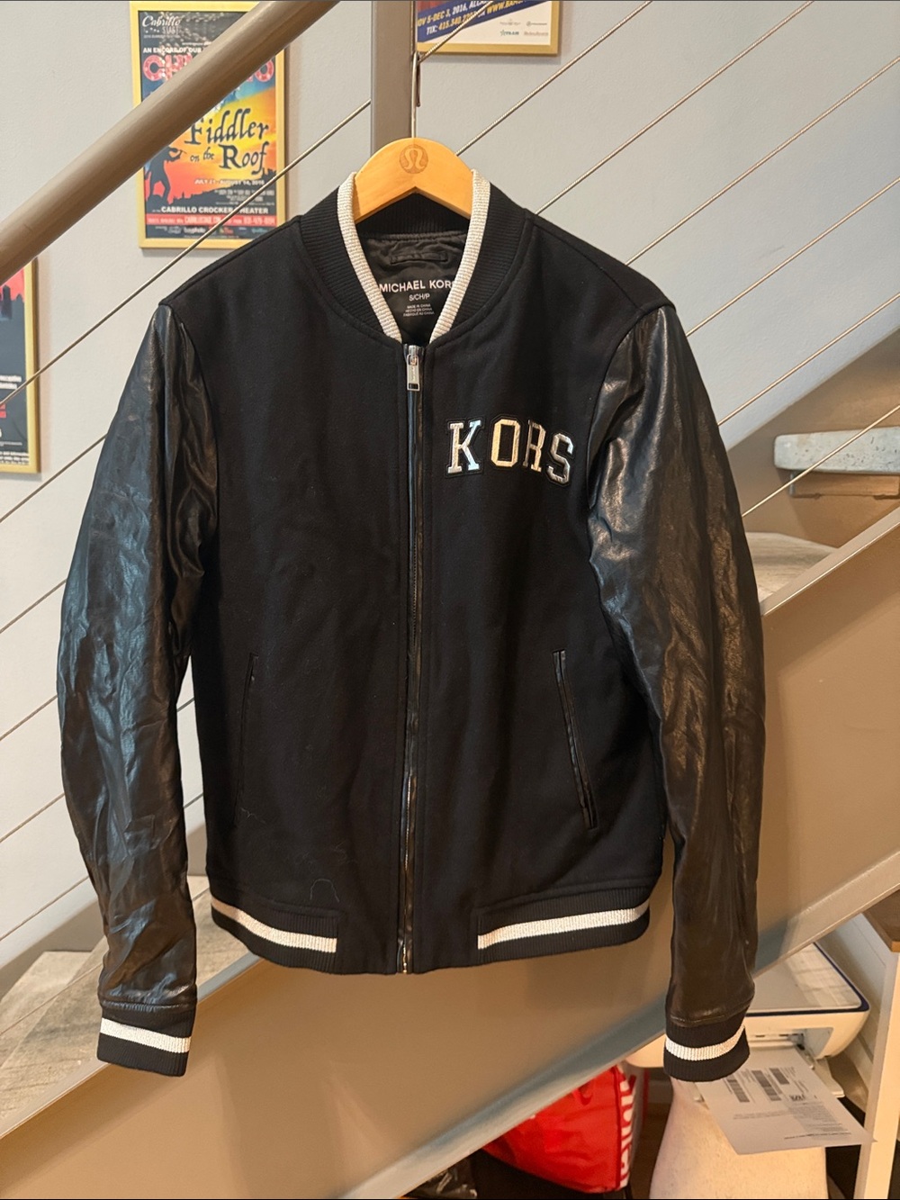Michael Kors Genuine Leather Sleeve Varsity Bomber Jacket Black Small